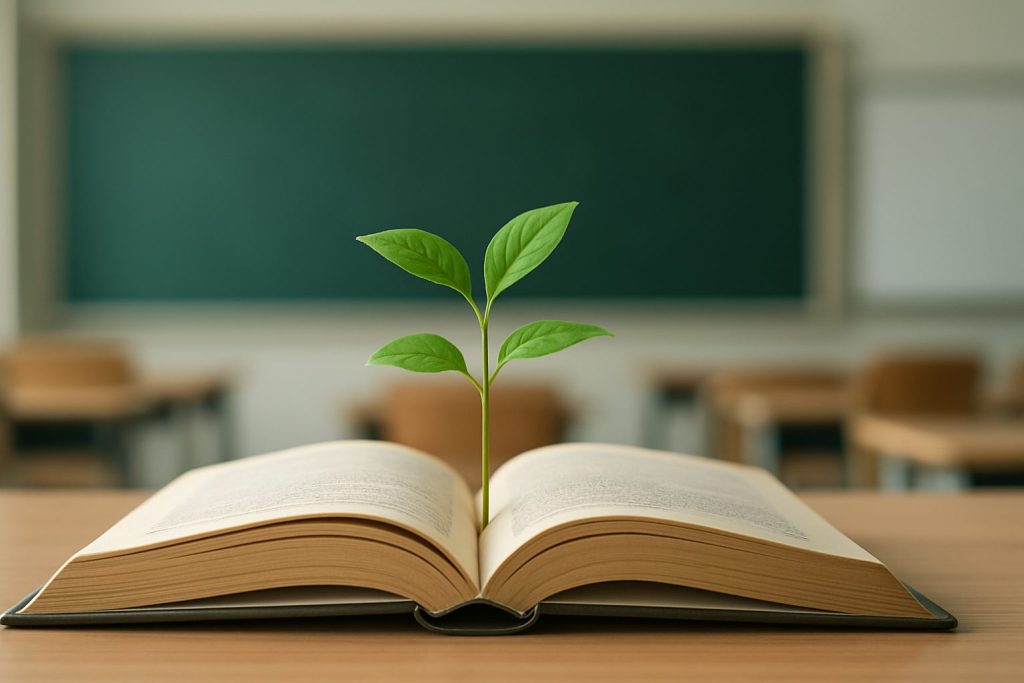 An open book with a small green plant growing from its pages on a classroom desk